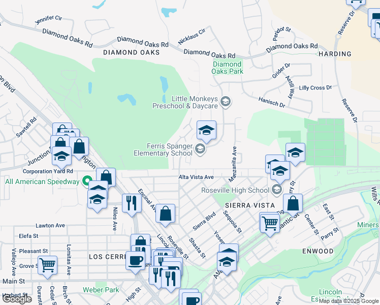 map of restaurants, bars, coffee shops, grocery stores, and more near 775 Shasta Oaks Court in Roseville