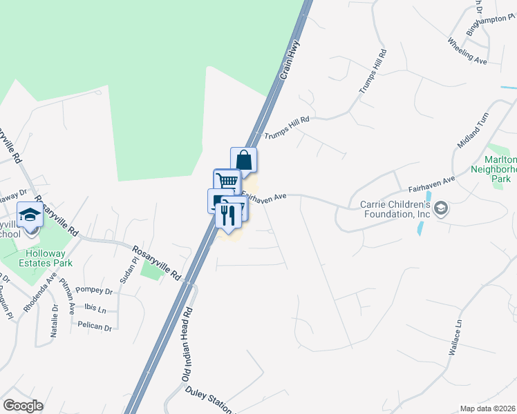 map of restaurants, bars, coffee shops, grocery stores, and more near 9501 Tiberias Drive in Upper Marlboro