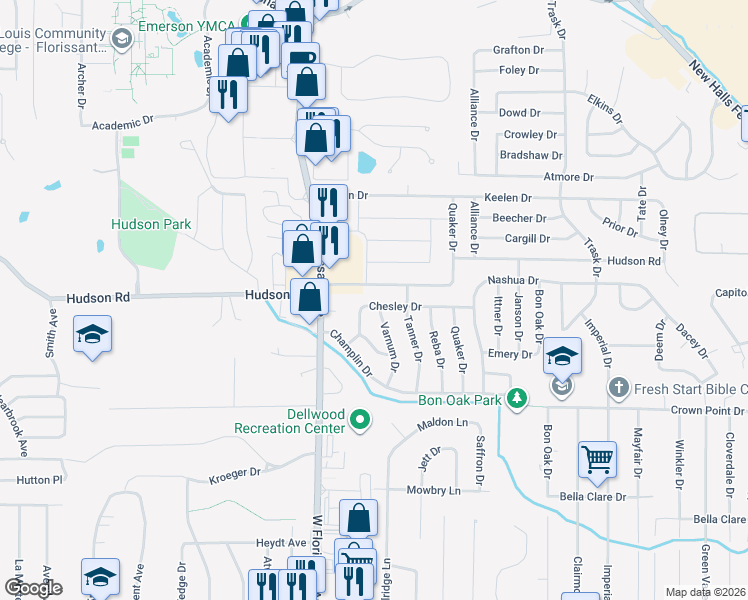 map of restaurants, bars, coffee shops, grocery stores, and more near 1532 Chesley Drive in St. Louis
