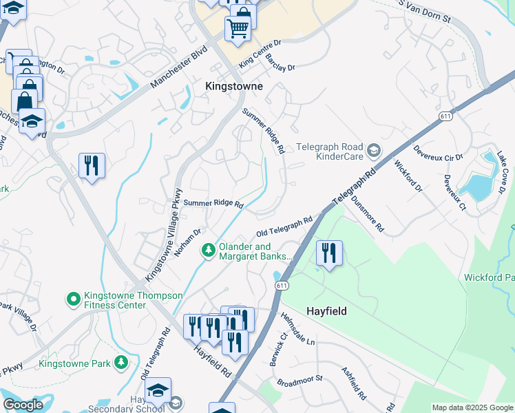 map of restaurants, bars, coffee shops, grocery stores, and more near 7246 Cherwell Lane in Alexandria