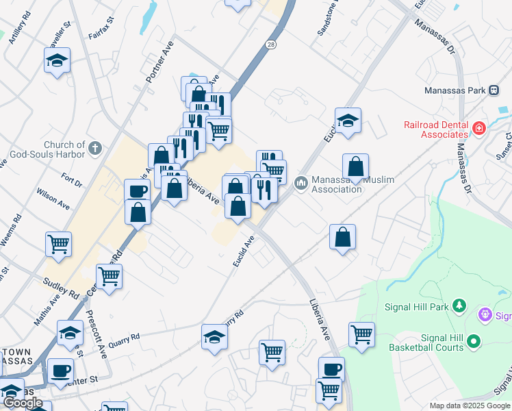 map of restaurants, bars, coffee shops, grocery stores, and more near 9073 Liberia Avenue in Manassas