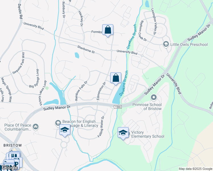 map of restaurants, bars, coffee shops, grocery stores, and more near 9303 Branch Park Terrace in Bristow