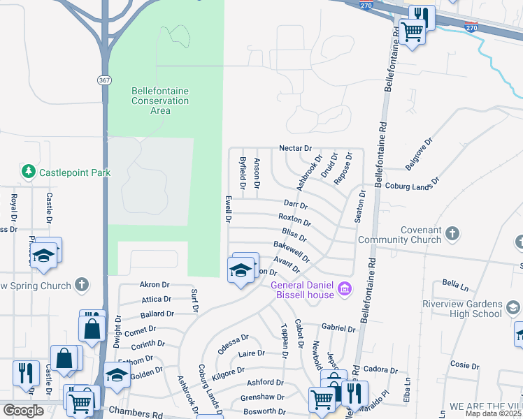 map of restaurants, bars, coffee shops, grocery stores, and more near 1238 Roxton Drive in St. Louis