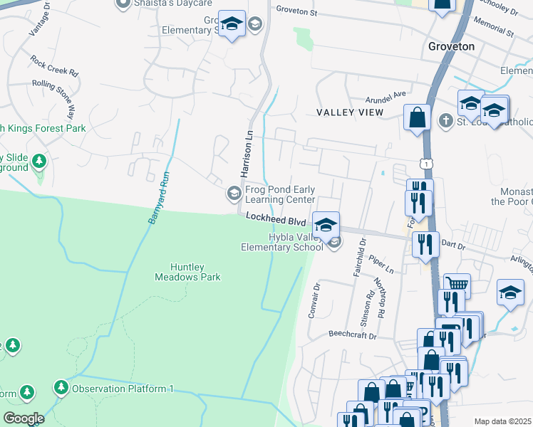 map of restaurants, bars, coffee shops, grocery stores, and more near 3600 Lockheed Boulevard in Alexandria