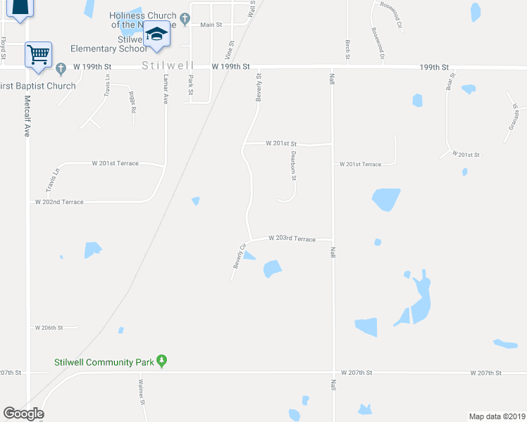 map of restaurants, bars, coffee shops, grocery stores, and more near 20275 Beverly Street in Stilwell