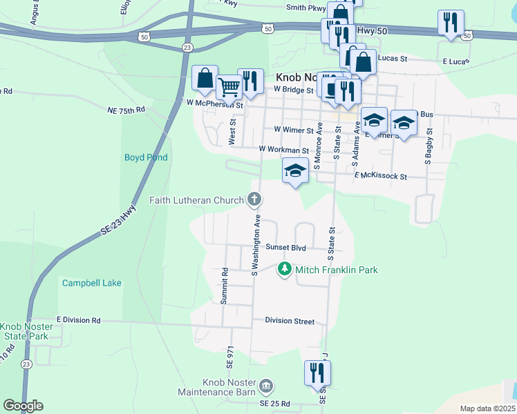 map of restaurants, bars, coffee shops, grocery stores, and more near 504 South Washington Avenue in Knob Noster