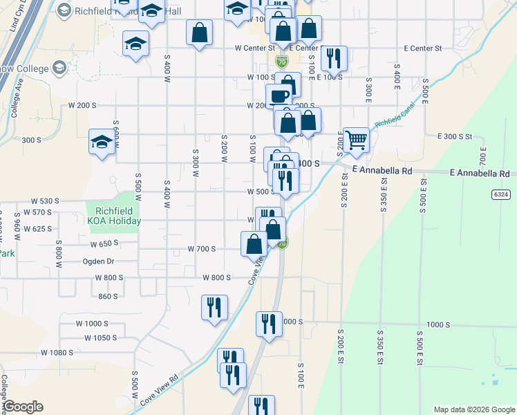 map of restaurants, bars, coffee shops, grocery stores, and more near 553 South 100 West in Richfield