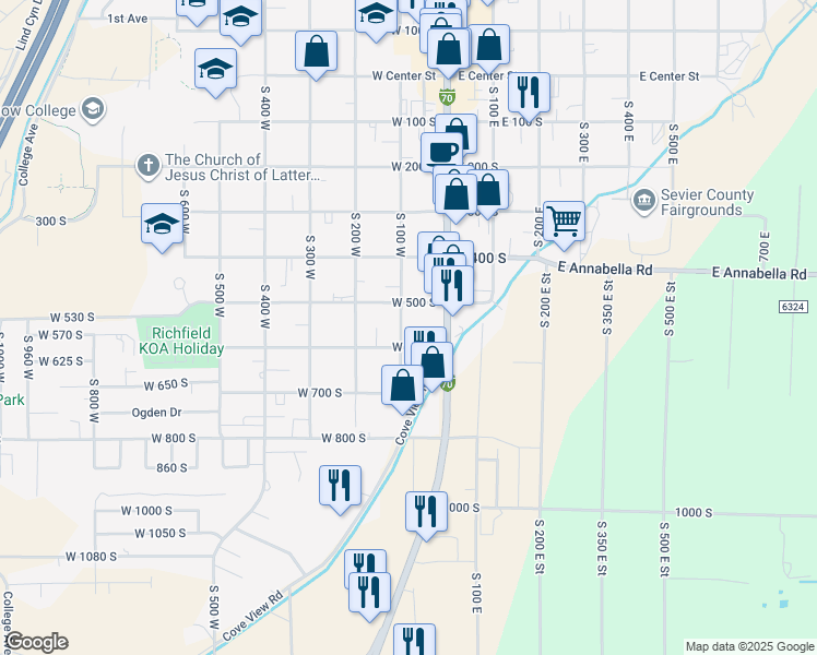 map of restaurants, bars, coffee shops, grocery stores, and more near 553 South 100 West in Richfield