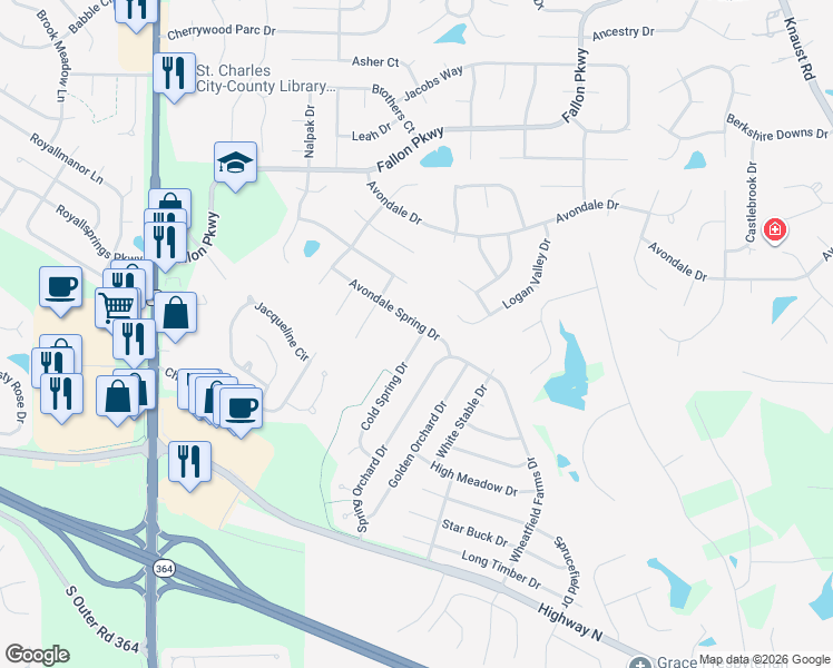 map of restaurants, bars, coffee shops, grocery stores, and more near 1251 Cold Spring Drive in O'Fallon