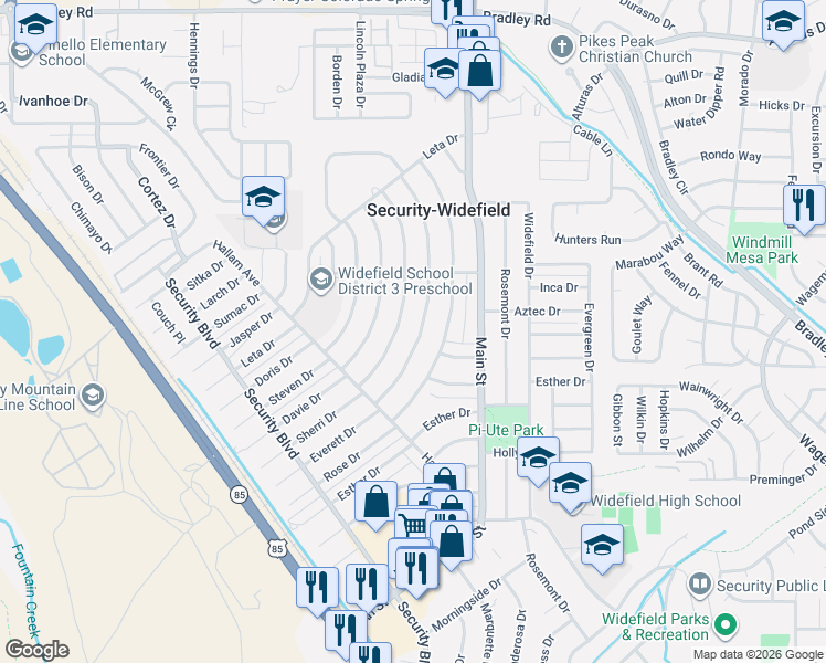 map of restaurants, bars, coffee shops, grocery stores, and more near 233 Sherri Drive in Colorado Springs