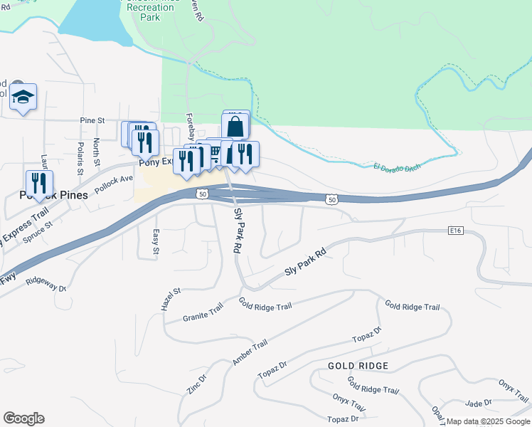 map of restaurants, bars, coffee shops, grocery stores, and more near 3062 Castlewood Circle in Pollock Pines