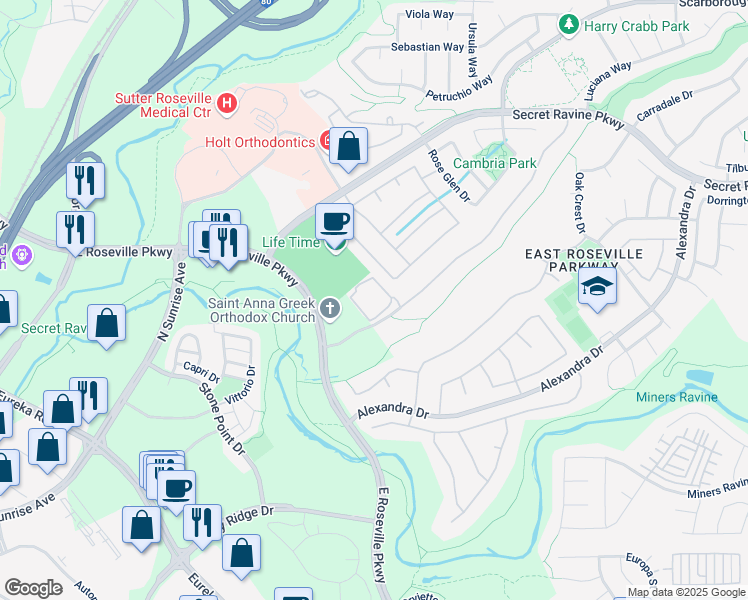 map of restaurants, bars, coffee shops, grocery stores, and more near 1101 Stone Canyon Drive in Roseville