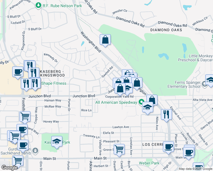map of restaurants, bars, coffee shops, grocery stores, and more near 121 Vallejo Avenue in Roseville