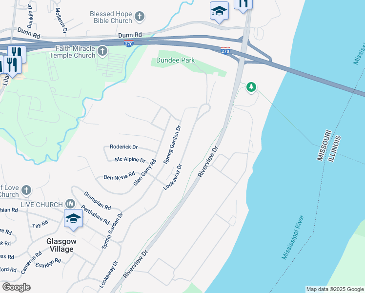 map of restaurants, bars, coffee shops, grocery stores, and more near 10771 Lookaway Drive in St. Louis