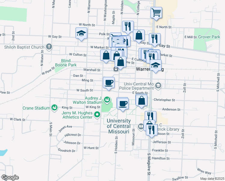 map of restaurants, bars, coffee shops, grocery stores, and more near 406 South Holden Street in Warrensburg