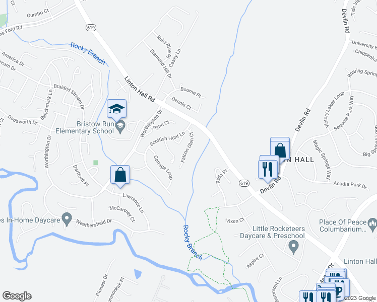 map of restaurants, bars, coffee shops, grocery stores, and more near 9041 Falcon Glen Court in Bristow
