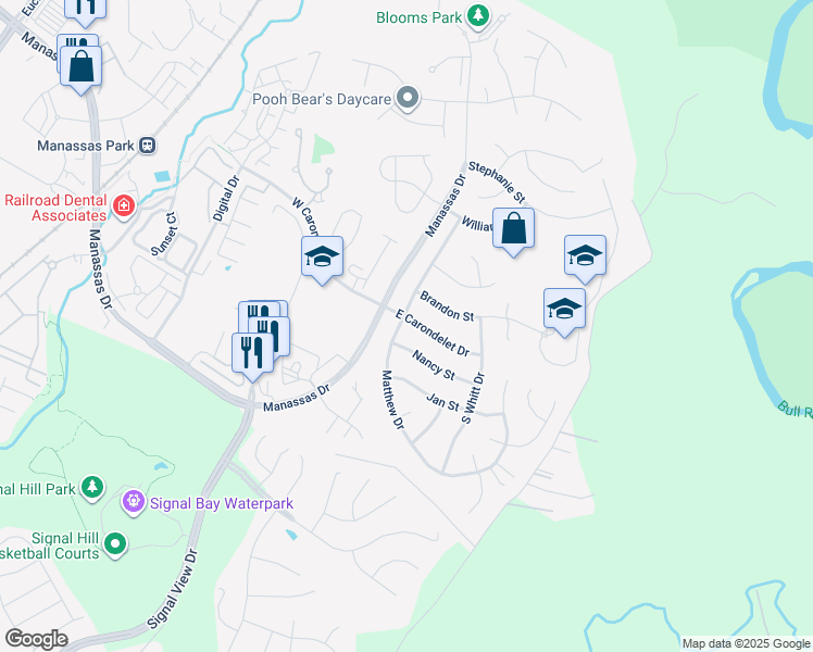 map of restaurants, bars, coffee shops, grocery stores, and more near 9203 Matthew Drive in Manassas Park