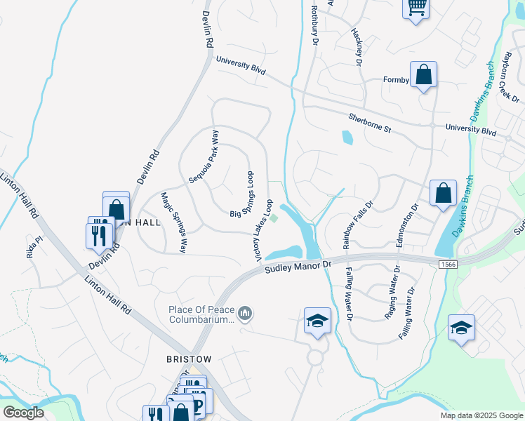 map of restaurants, bars, coffee shops, grocery stores, and more near 12617 Victory Lakes Loop in Bristow