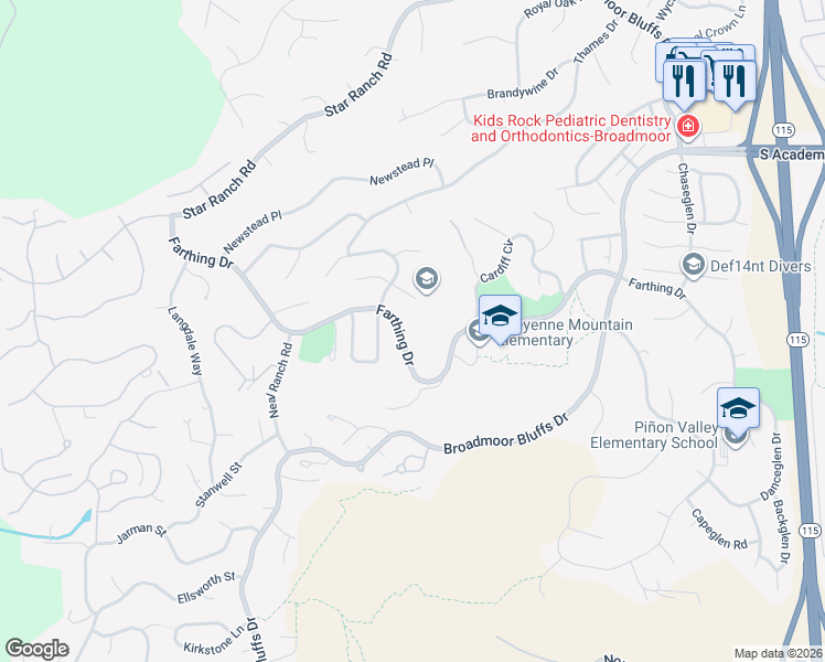 map of restaurants, bars, coffee shops, grocery stores, and more near 330 Lowick Drive in Colorado Springs