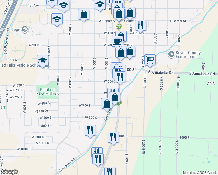 map of restaurants, bars, coffee shops, grocery stores, and more near 2-98 West 600 South in Richfield