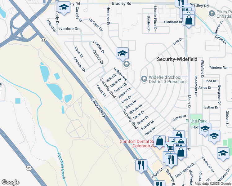 map of restaurants, bars, coffee shops, grocery stores, and more near 105 Sumac Drive in Colorado Springs