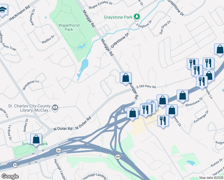 map of restaurants, bars, coffee shops, grocery stores, and more near 1600 Kircher Drive in Saint Charles