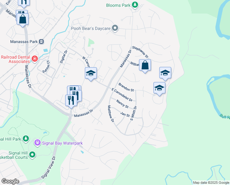 map of restaurants, bars, coffee shops, grocery stores, and more near 9203 Matthew Drive in Manassas Park