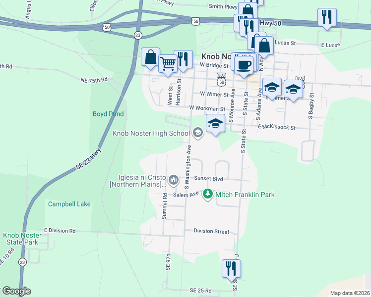 map of restaurants, bars, coffee shops, grocery stores, and more near 600 South Washington Avenue in Knob Noster