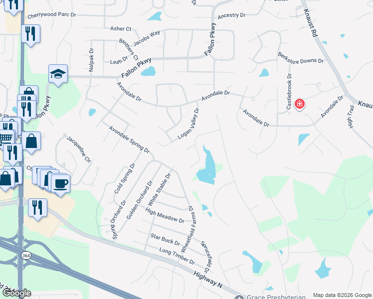 map of restaurants, bars, coffee shops, grocery stores, and more near 99 Enclave Court in Saint Charles