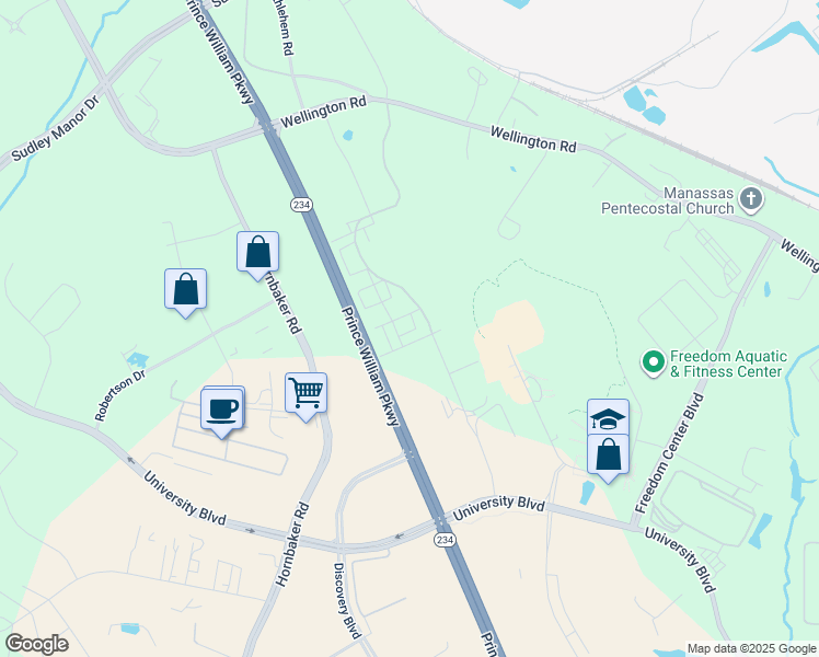 map of restaurants, bars, coffee shops, grocery stores, and more near 8651 Lovelace Street in Manassas