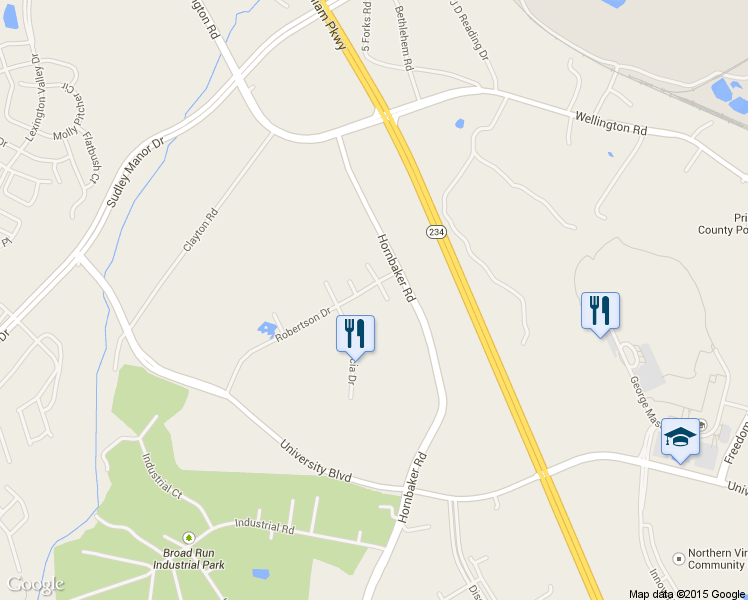 map of restaurants, bars, coffee shops, grocery stores, and more near 11461 Robertson Drive in Manassas