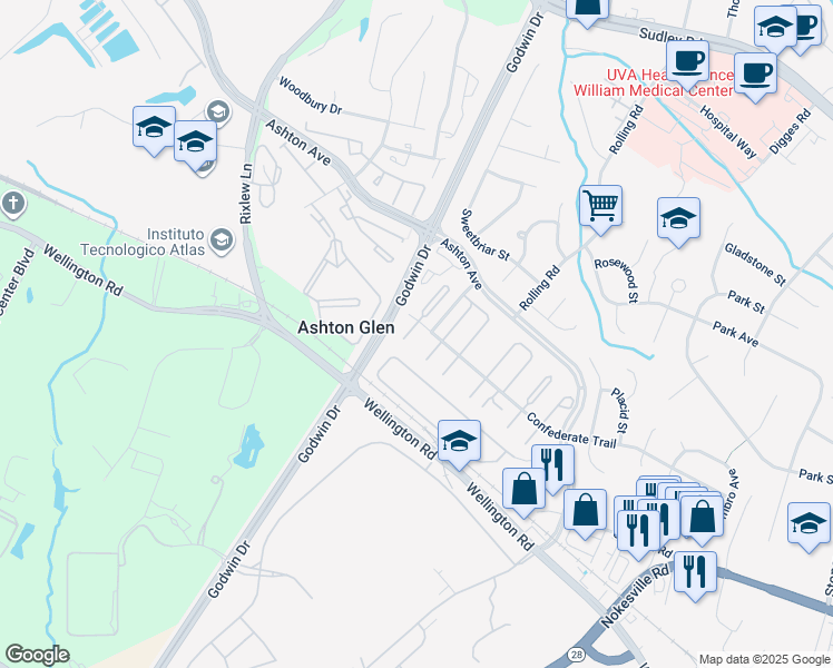 map of restaurants, bars, coffee shops, grocery stores, and more near 8956 Milroy Court in Manassas
