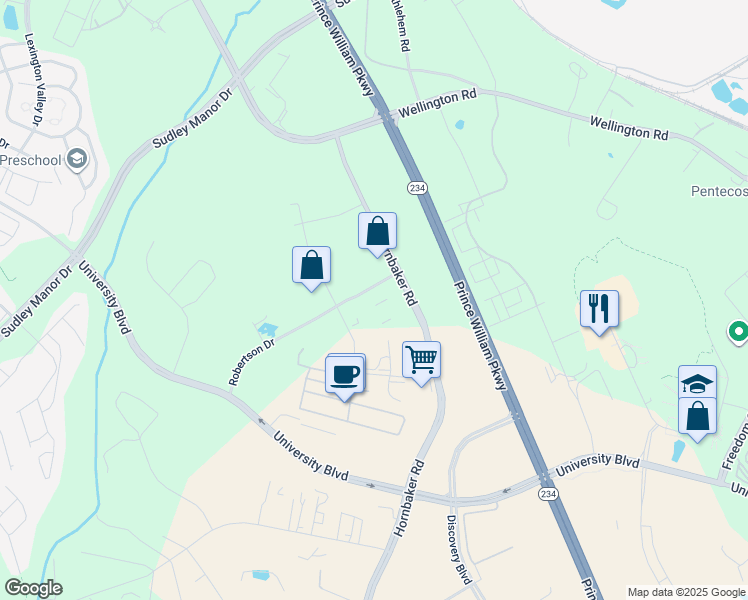 map of restaurants, bars, coffee shops, grocery stores, and more near 11461 Robertson Drive in Manassas