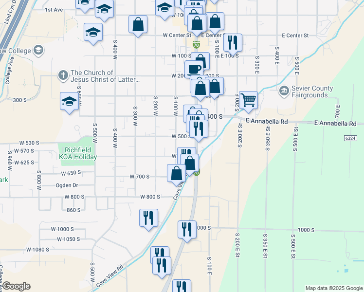 map of restaurants, bars, coffee shops, grocery stores, and more near 553 South 100 West in Richfield