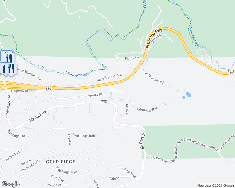 map of restaurants, bars, coffee shops, grocery stores, and more near 6922 Ridgeway Drive in Pollock Pines