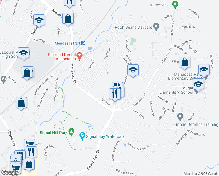 map of restaurants, bars, coffee shops, grocery stores, and more near 9207 Kristy Drive in Manassas Park