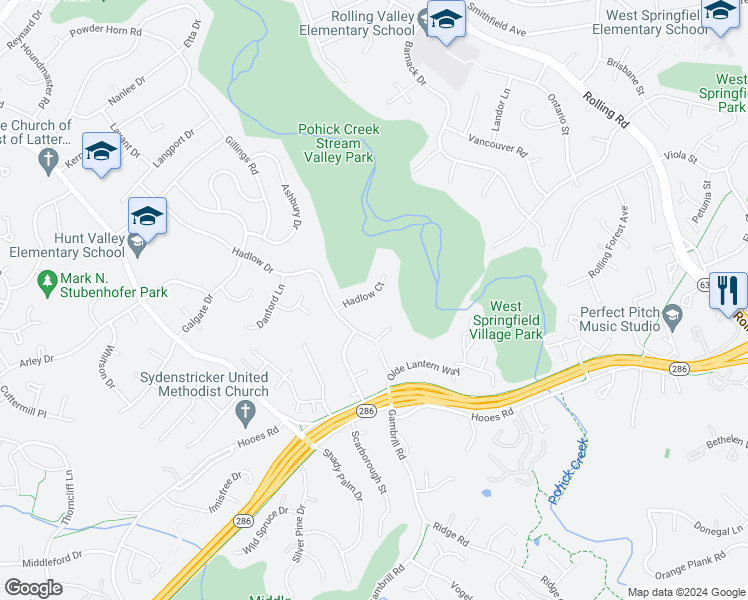 map of restaurants, bars, coffee shops, grocery stores, and more near 7113 Hadlow Court in Springfield