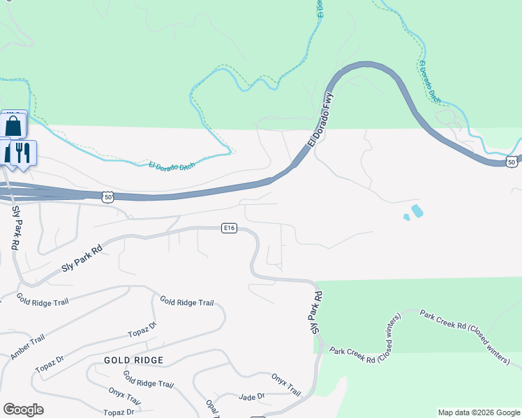 map of restaurants, bars, coffee shops, grocery stores, and more near 3050 Ridgecrest Way in Pollock Pines