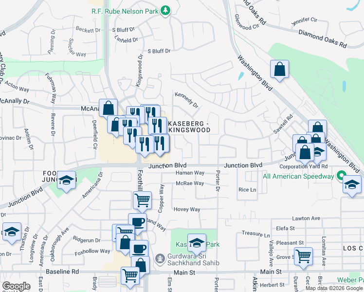 map of restaurants, bars, coffee shops, grocery stores, and more near 300 Micro Court in Roseville