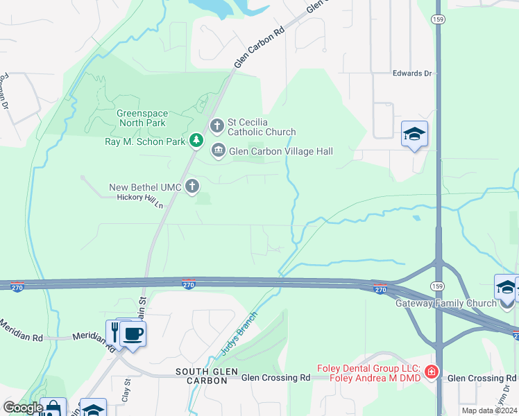 map of restaurants, bars, coffee shops, grocery stores, and more near 443 East Ingle Drive in Glen Carbon