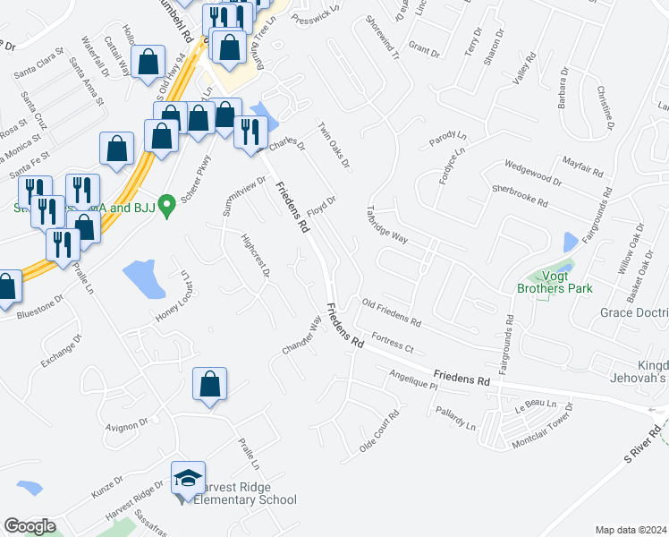 map of restaurants, bars, coffee shops, grocery stores, and more near 4 Austin Terrace Court in Saint Charles