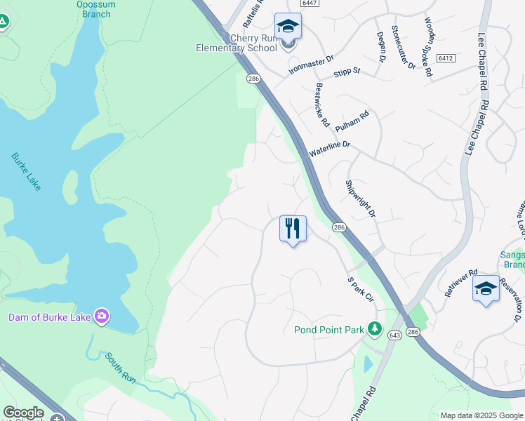 map of restaurants, bars, coffee shops, grocery stores, and more near 7106 Woodrise Court in Fairfax Station