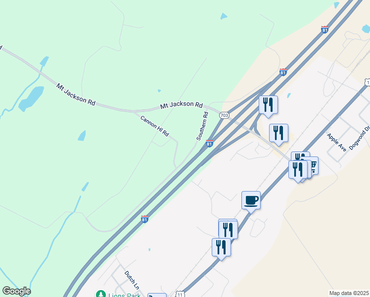 map of restaurants, bars, coffee shops, grocery stores, and more near 230 Scothern Road in Mount Jackson