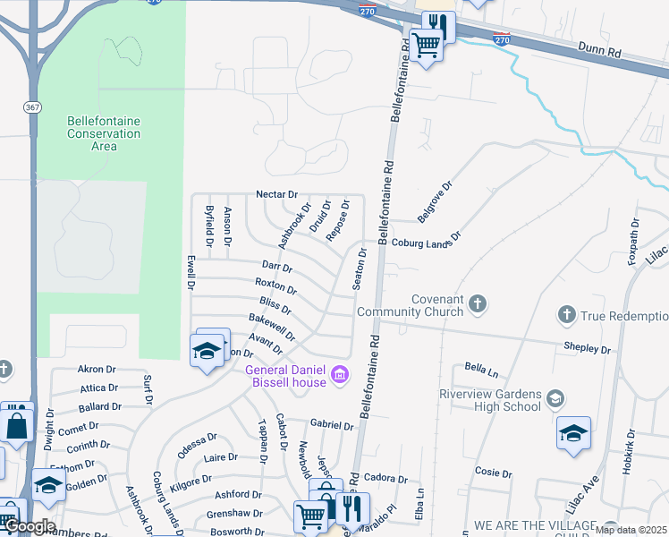 map of restaurants, bars, coffee shops, grocery stores, and more near 1115 Darr Drive in St. Louis