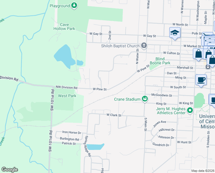 map of restaurants, bars, coffee shops, grocery stores, and more near 100 Post Oak Court in Warrensburg