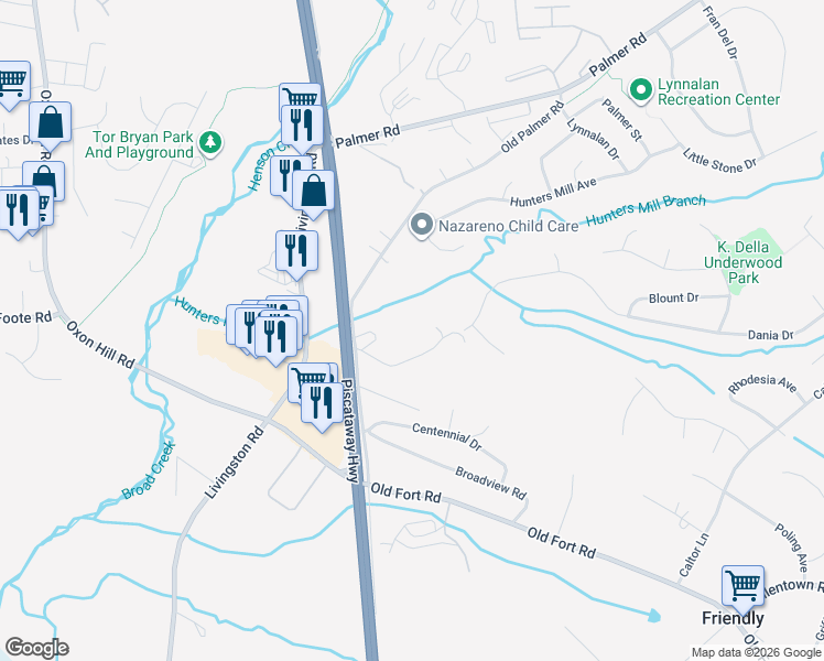 map of restaurants, bars, coffee shops, grocery stores, and more near 9412 Old Palmer Road in Fort Washington