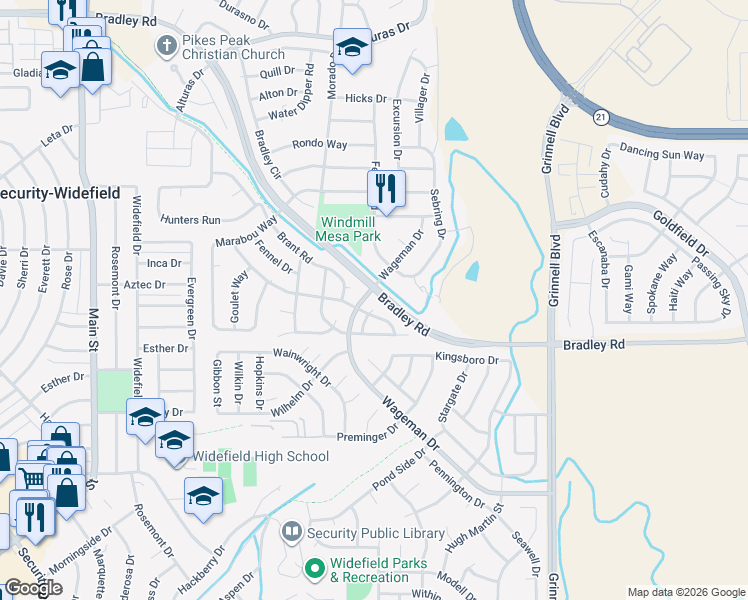 map of restaurants, bars, coffee shops, grocery stores, and more near 5505 Almont Avenue in Colorado Springs