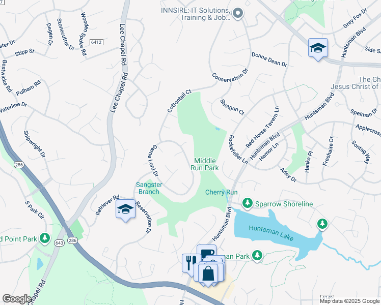 map of restaurants, bars, coffee shops, grocery stores, and more near 7133 Game Lord Drive in Springfield