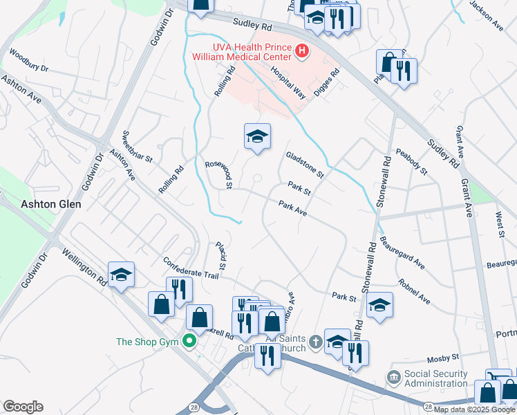 map of restaurants, bars, coffee shops, grocery stores, and more near 9623 Park Street in Manassas