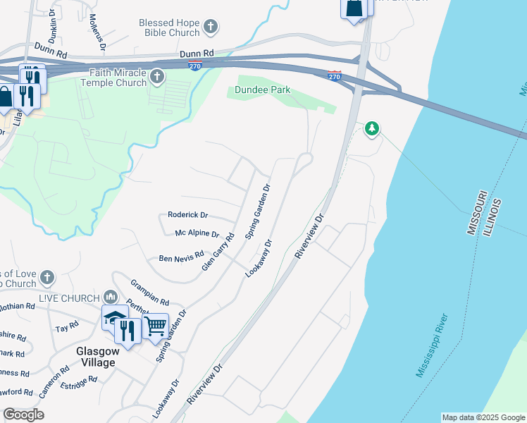 map of restaurants, bars, coffee shops, grocery stores, and more near 10749 Spring Garden Drive in St. Louis